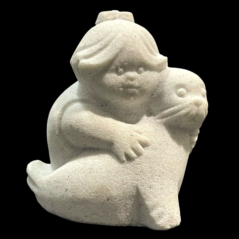 Vintage 1960s Marbell by Stone Art Belgium Sandstone Art Child Hugging a Seal